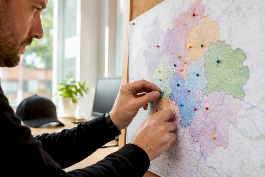 Hands marking selective boroughs on physical map