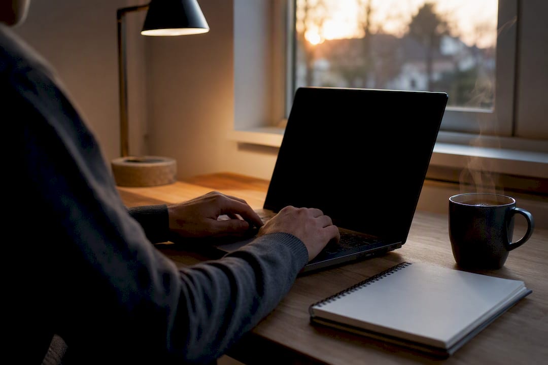 Hands typing on laptop updating content