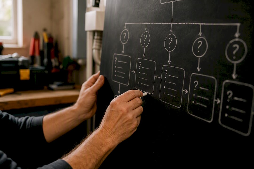 Hands marking FAQ content on whiteboard