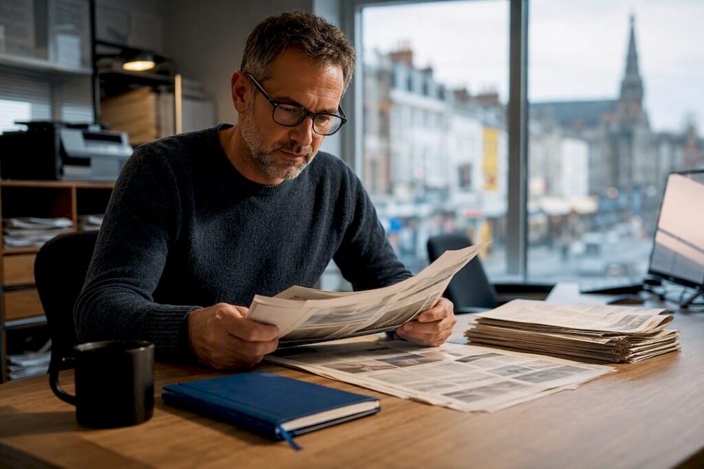 Editor reviewing local community newspaper pages