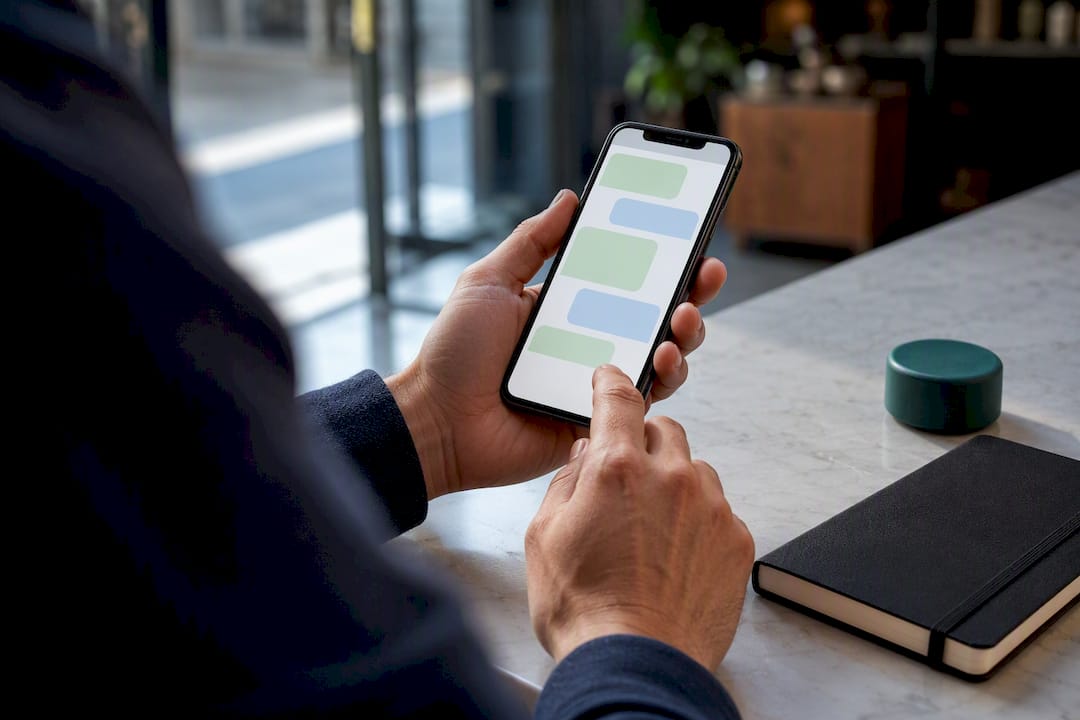 Hands reviewing WhatsApp compliance on smartphone