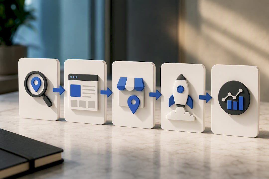 Five-stage managed location page workflow