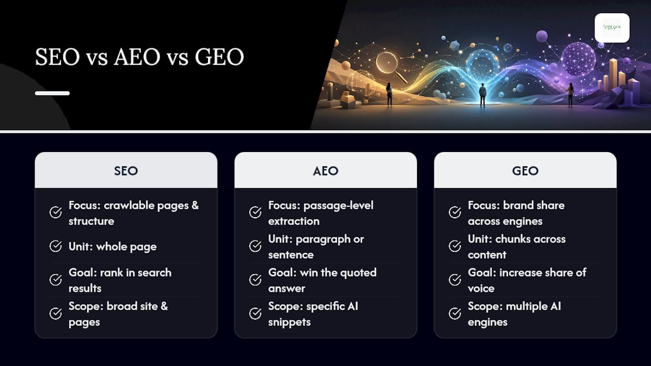 GEO, AEO and SEO: how they overlap and where they differ — overview diagram